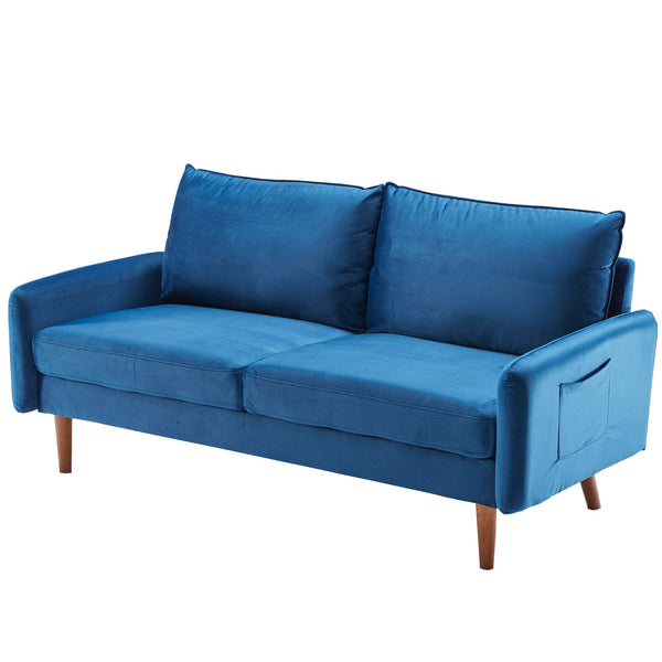 Blue Contemporary Velvet Sofa with Side Pockets