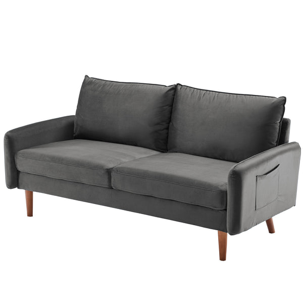 Gray Contemporary Velvet Sofa with Side Pockets
