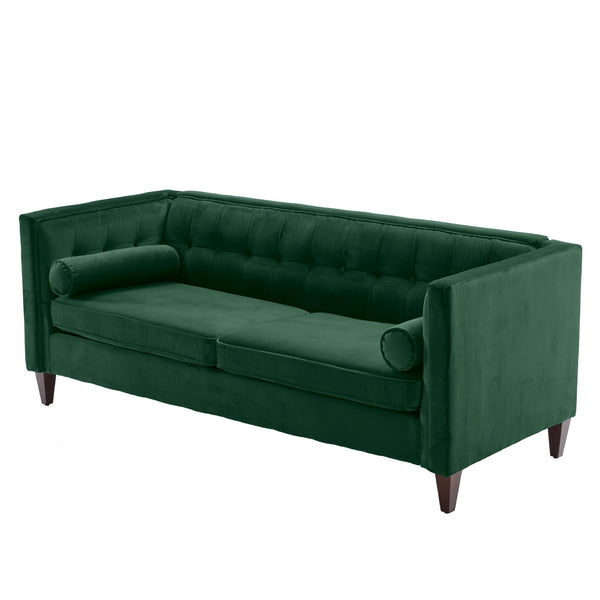 Green Velvet Upholstered Sofa with Bolster Pillows