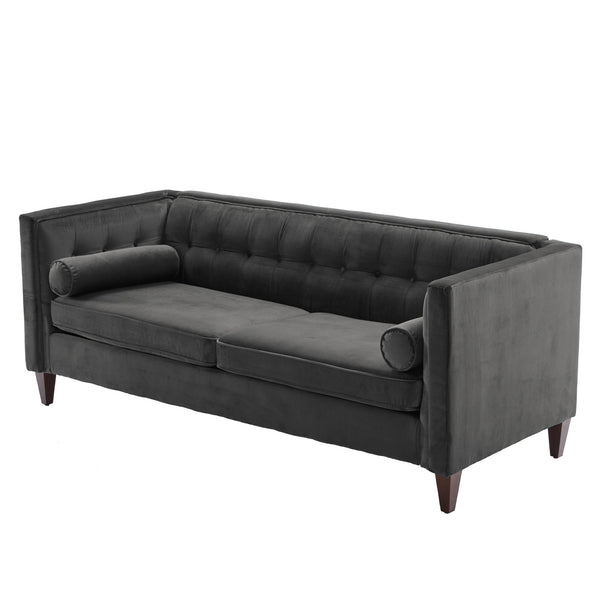 Gray Velvet Upholstered Sofa with Bolster Pillows