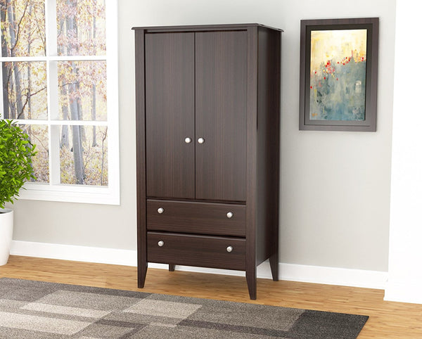 Espresso Finish Wood Wardrobe with Two Doors and Two Drawers