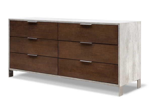 30' Dark Walnut Veneer  Steel  and Concrete Dresser with 6 Drawers