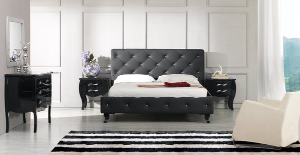 48' Black Leatherette and MDF Queen Bed with Crystals