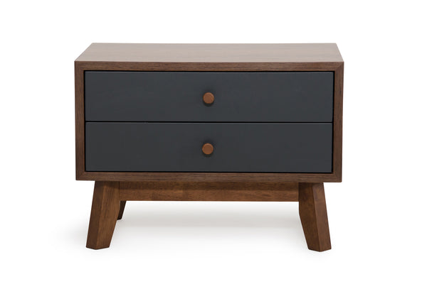 Mid Century Mod Grey and Walnut Finish 2 Drawer Night Stand