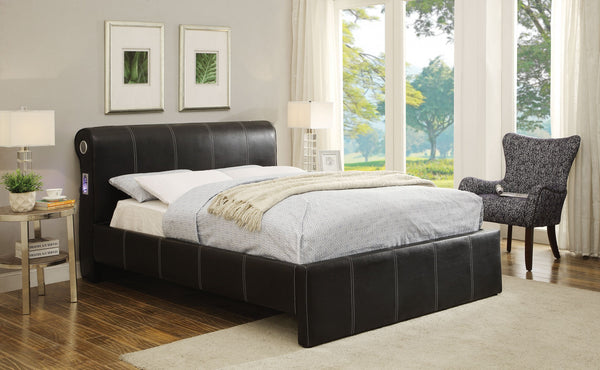 Queen Bed, Black PU - PU, Wood Frame, Speakers Black PU