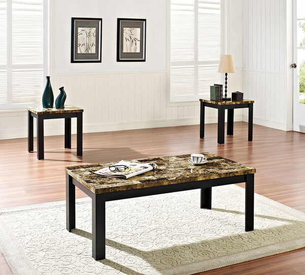 1' X 1' X 48' 3Pc Dark Brown Faux Marble And Black Pack Coffee And End Table Set