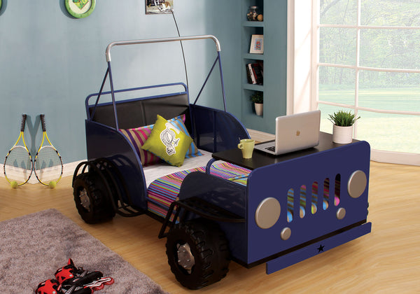 Twin Bed , Blue & Black Car - Metal Tube, MDF, PU, Fire Blue & Black Car