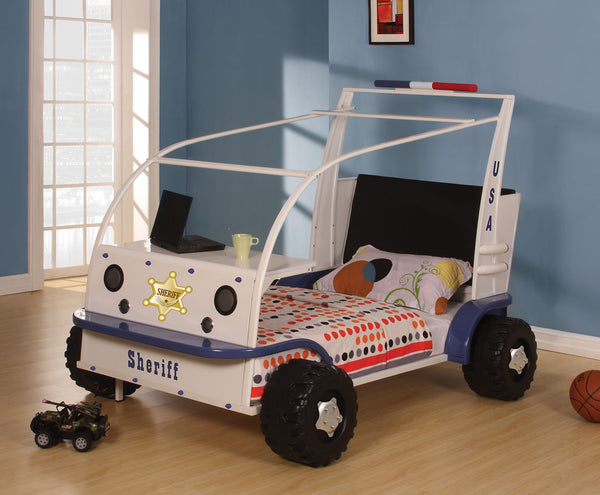 Twin Bed , White & Blue Sheriff Car - Metal, MDF, PU, FP Foam White & Blue Sheriff Car