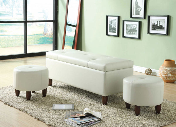 3Pc Pack Storage Bench & 2 Ottomans, Ivory PU & Espresso - PU, Ivory PU & Espresso