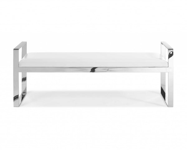 Modern Bench White Faux Leather Stainless Steel Base