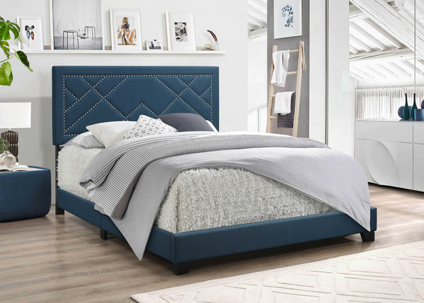 64' X 86' X 50' Dark Teal Fabric Upholstered Bed Wood Leg Queen Bed