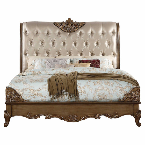 85' X 103' X 71' Champagne PU Antique Gold Wood Upholstered HB Eastern King Bed