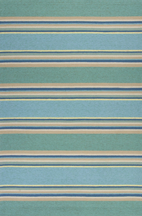 8'x10' Ocean Blue Hand Hooked UV Treated Awning Stripes Indoor Outdoor Area Rug