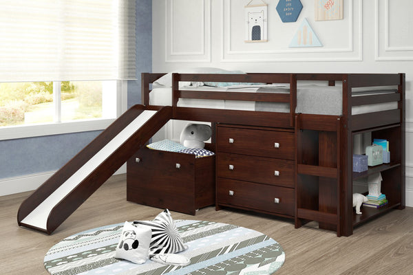 Brown Mini Loft Bed with Dresser Toy Box and Slide