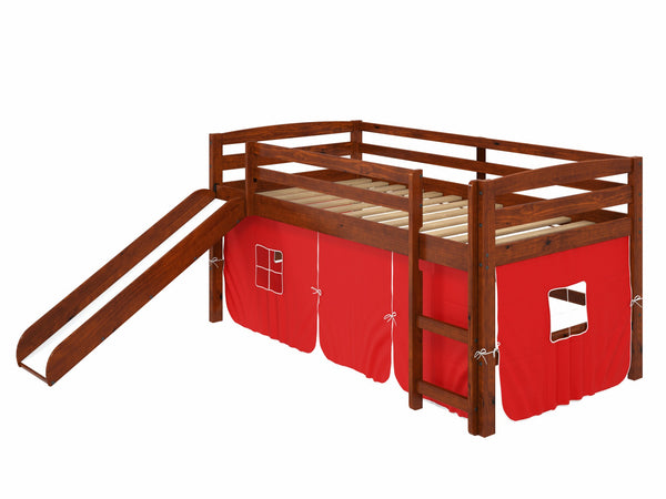 Brown Wooden Red Tent Low Loft Bed with Slide