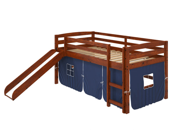 Brown Wooden Blue Tent Low Loft Bed with Slide