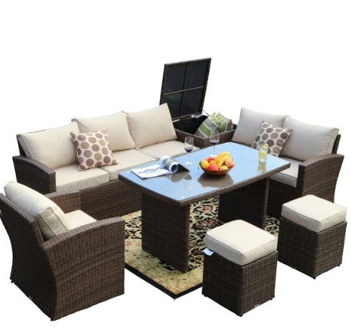 179.85" X 31.89" 32.68" Brown 7Piece Steel Outdoor Sectional Sofa Set with Ottomans and Storage Box