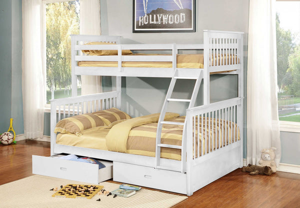 Contemporary White Finish Twin over Full Bunk Bed with Storage