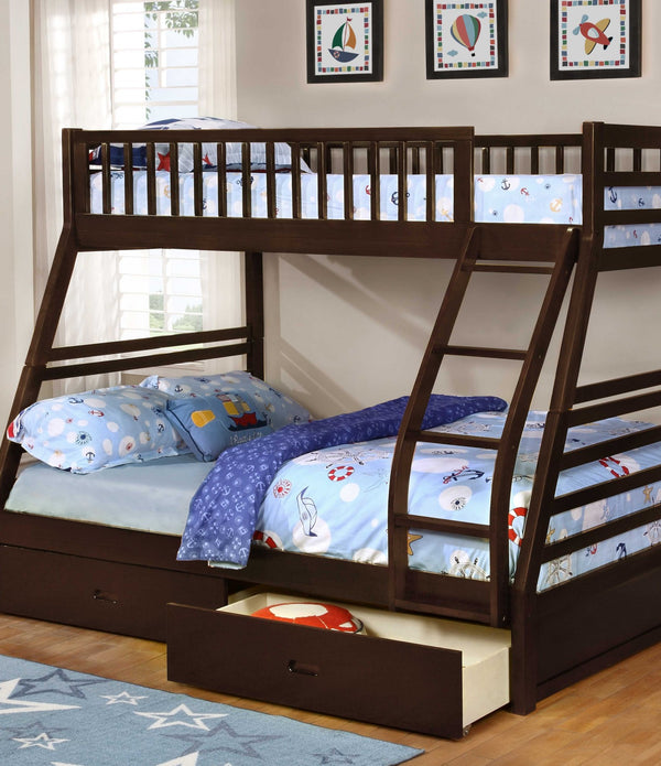 Contemporary Brown Finish Twin over Full Bunk Bed with Storage