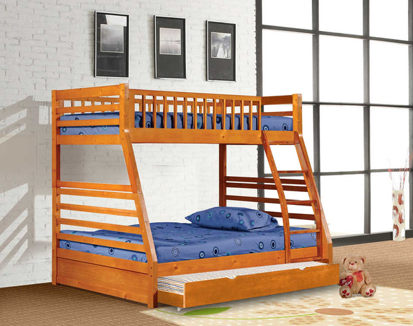 Contemporary Oak Finish Twin over Full Bunk Bed with Trundle