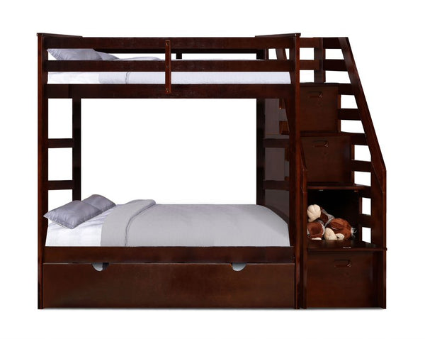 Brown Finish Twin over Twin Staircase Bunk Bed with Trundle and Storage