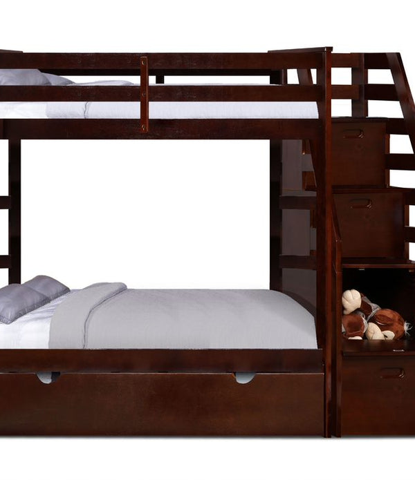 Brown Finish Twin over Twin Staircase Bunk Bed with Trundle and Storage