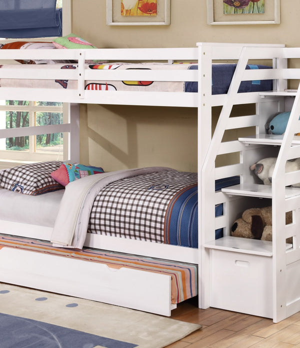 White Finish Twin over Twin Staircase Bunk Bed with Trundle and Storage