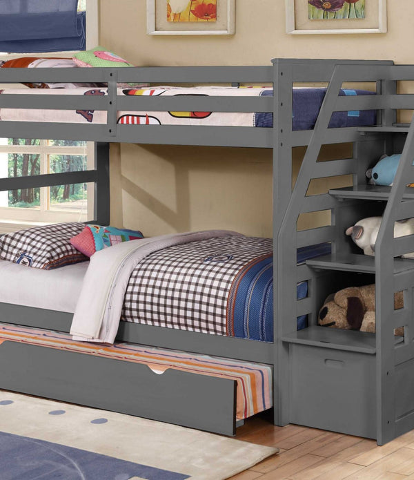 Gray Finish Twin over Twin Staircase Bunk Bed with Trundle and Storage