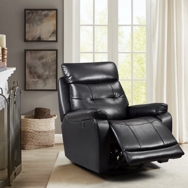 Black Genuine Leather Swivel Power Recliner with USB port