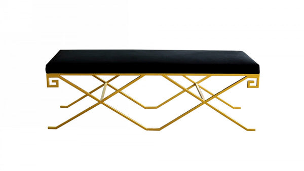 Rectangular Modern Black Velvet Bench with Champagne Gold Steel Frame