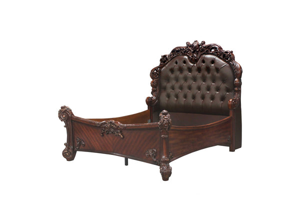 California King Size Elaborately Carved Cherry Wood Finish Bed with Tufted Dark Faux Leather Headboard