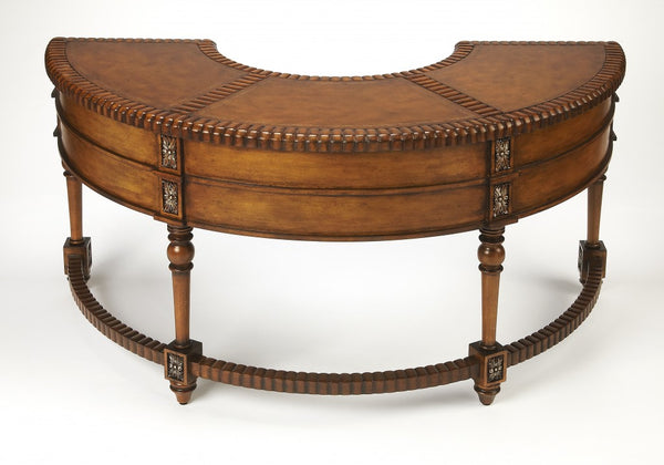 Hand Carved Leather Top Crescent Shape Desk