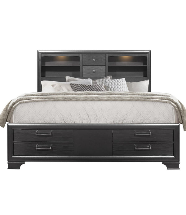 Grey Rubberwood Bed with bookshelves Headboard  LED lightning  6 Drawers