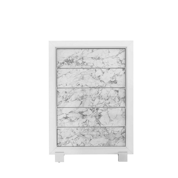 Modern White Chest with 5 Faux Marble Detailed Front Drawer.