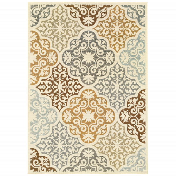 7' x 10' Ivory Grey Floral Medallion Indoor Outdoor Area Rug