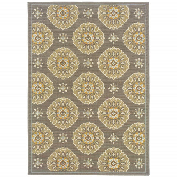 7' x 10' Grey Gold Floral Medallion Discs Indoor Outdoor Area Rug