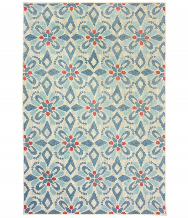 3' x 5' Ivory Blue Global Geo Tile Indoor Outdoor Area Rug