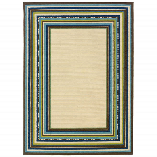 6' x 9' Ivory Mediterranean Blue and Lime Border Indoor Outdoor Area Rug