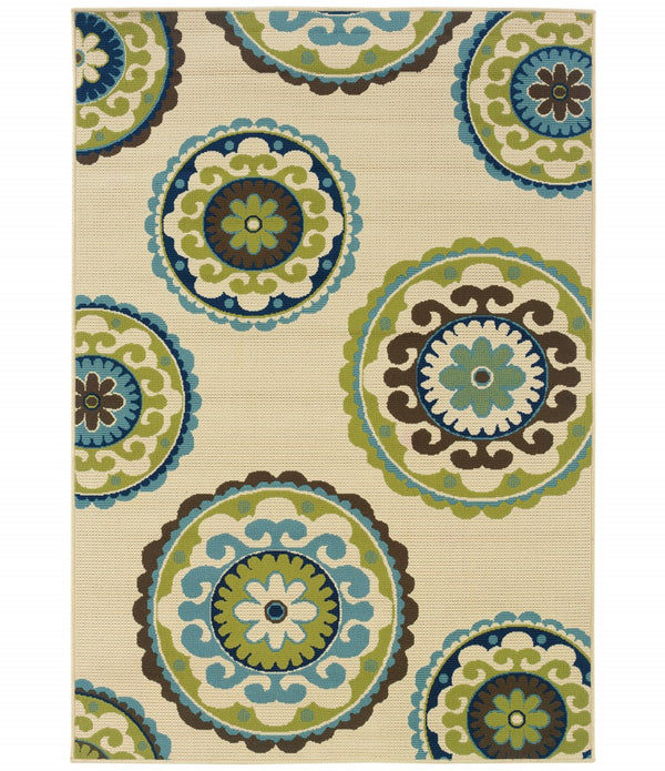 7' x 10' Ivory Indigo and Lime Medallion Disc Indoor Outdoor Area Rug