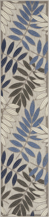 2’ x 10’ Gray and Blue Leaves Indoor Outdoor Runner Rug