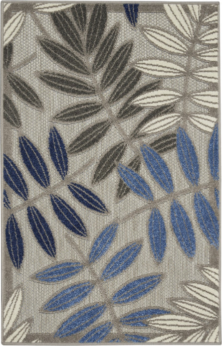 3’ x 4’ Gray and Blue Leaves Indoor Outdoor Area Rug