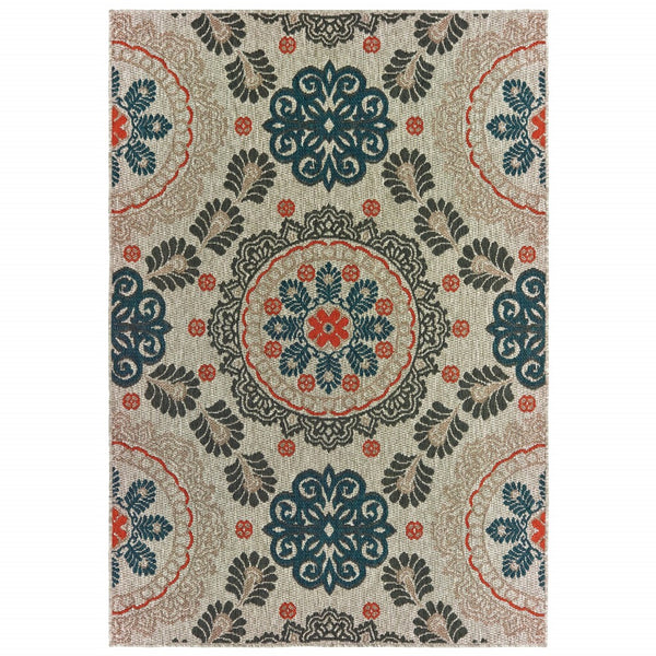 6' x 9' Grey Blue Floral Indoor Outdoor Area Rug