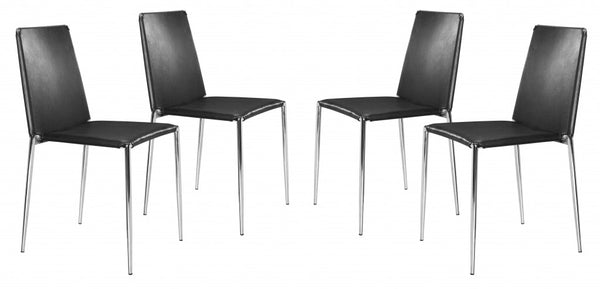 Set of Four Black Faux Leather and Steel Standard Stackable Dining or Accent Chairs