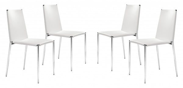 Set of Four White Faux Leather and Steel Standard Stackable Dining or Accent Chairs