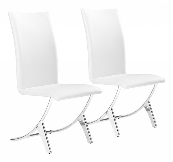 Set of Two Contempo Slim White Faux Leather and Stainless Dining Chairs