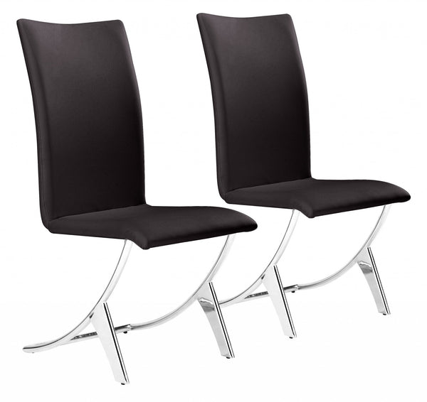 Set of Two Contempo Slim Brown Faux Leather and Stainless Dining Chairs