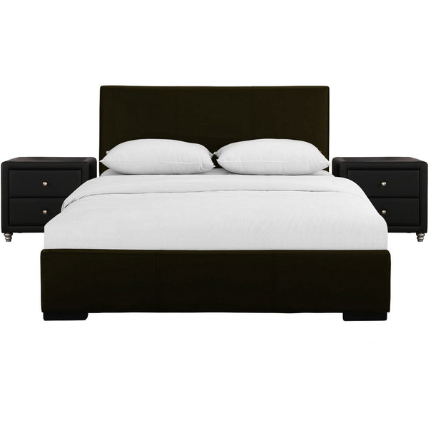 Brown Upholstered Platform Queen Bed with Two Nightstands