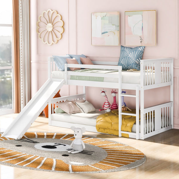 White Classic Twin Over Twin Bunk Bed with Ladder and Slide