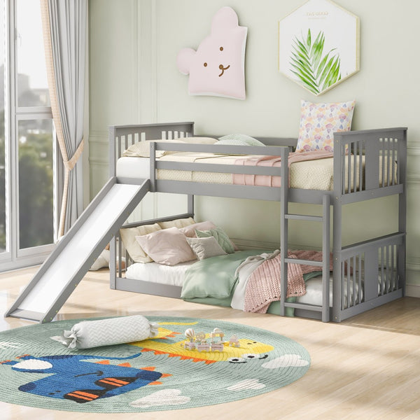 Gray Classic Twin Over Twin Bunk Bed with Ladder and Slide