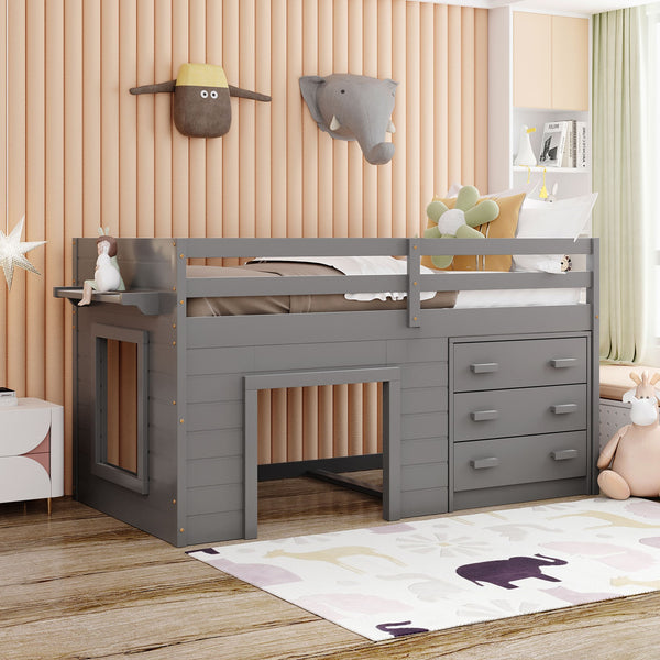 Gray Twin Size Loft Bed with Playhouse and Drawers